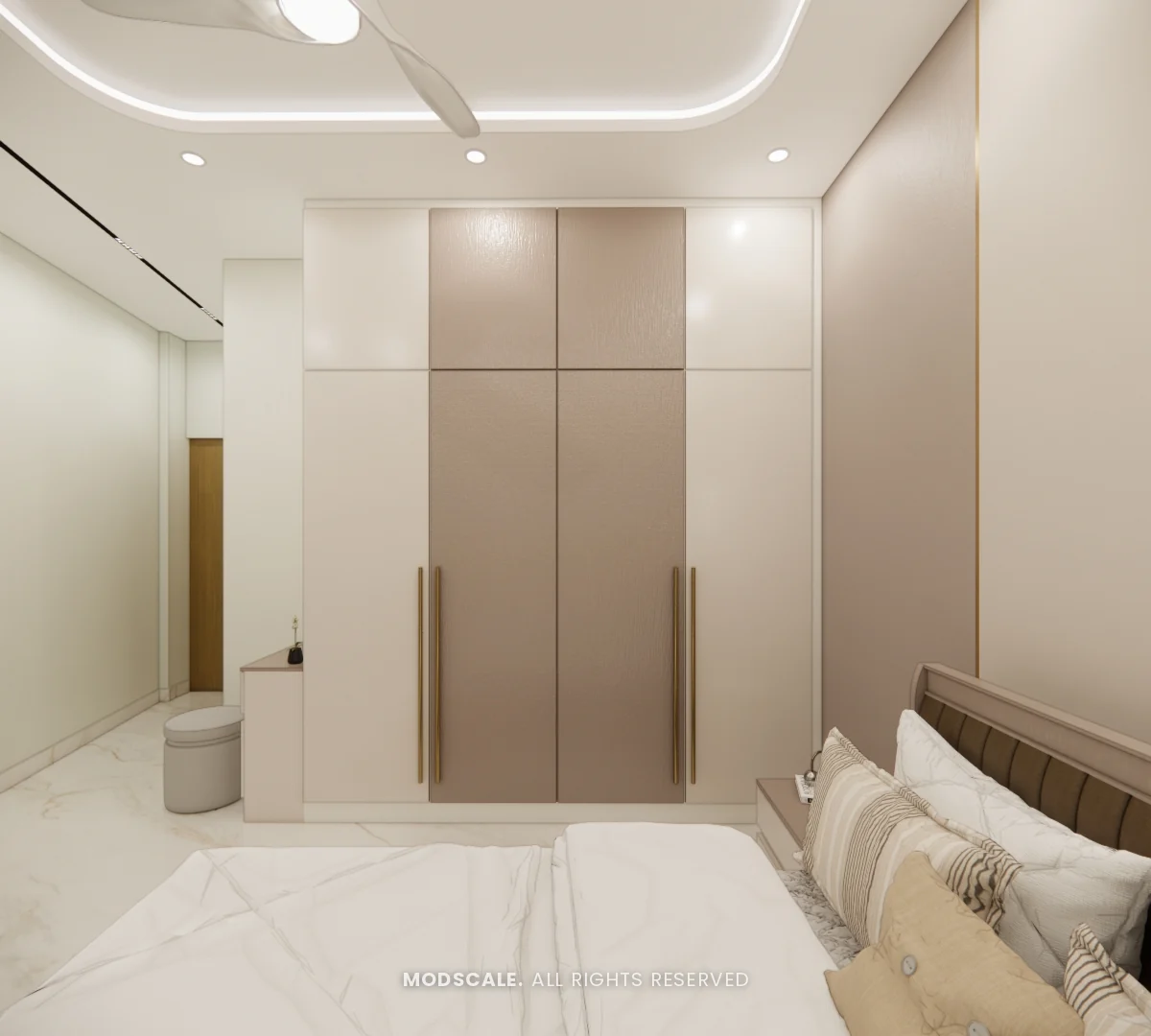 Parents bedroom wardrobe in creamy brown and ivory, Dhirendra’s villa interior in HSR Layout