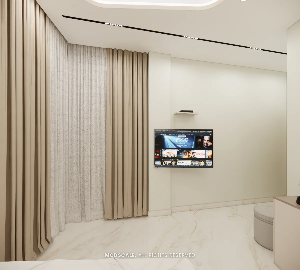 Parents bedroom TV wall with full-height curtains, Dhirendra’s villa interior in HSR Layout