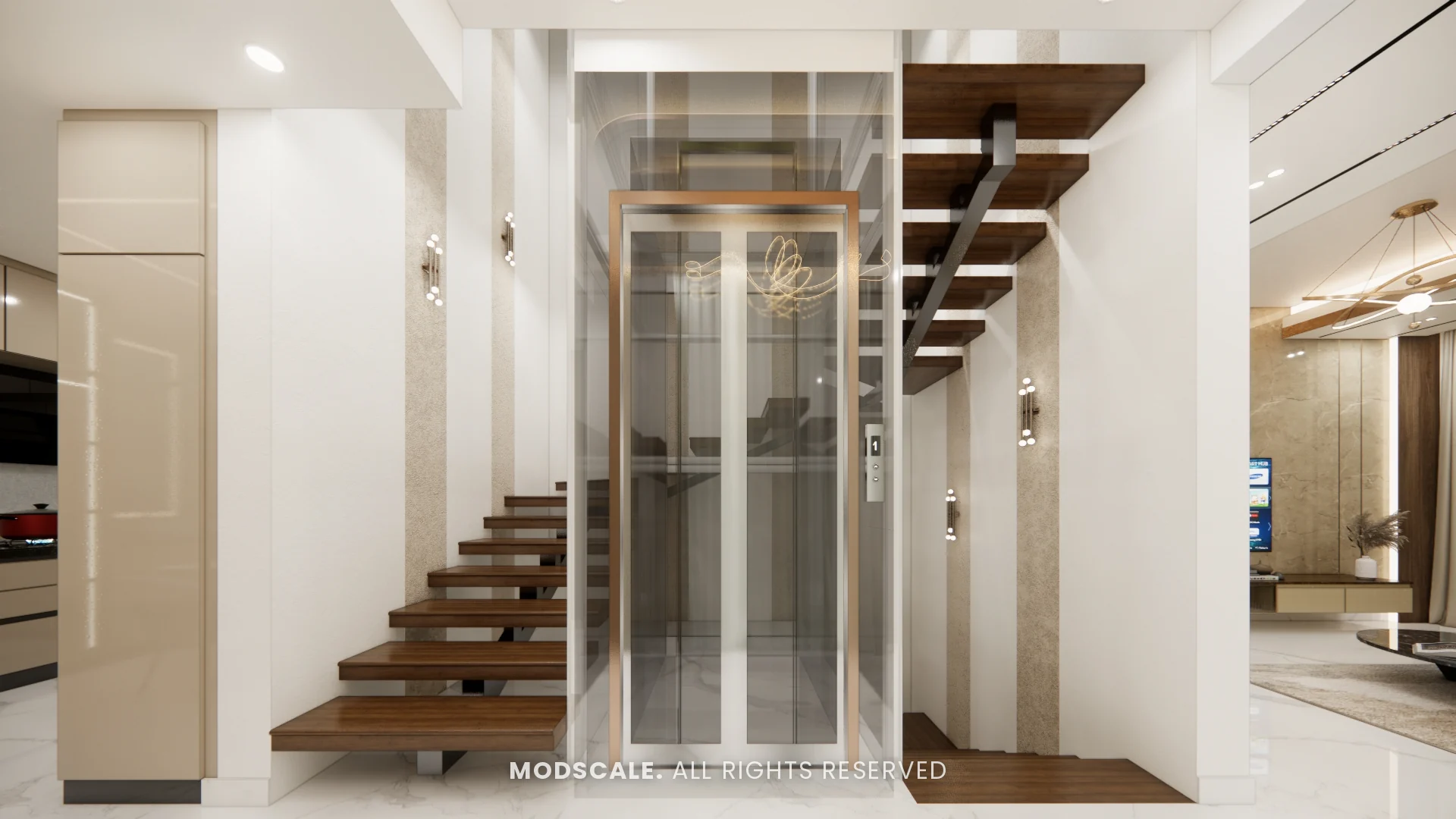 Passage with glass lift enclosure and wooden staircase, Dhirendra’s villa interior in HSR Layout