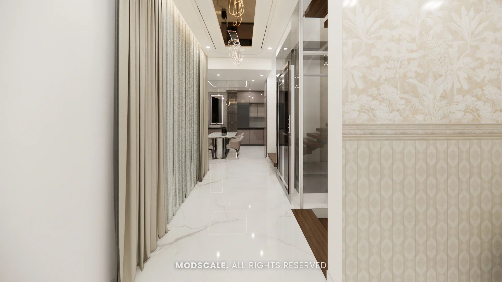 Passage towards the kitchen with wall panelling, Dhirendra’s villa interior in HSR Layout
