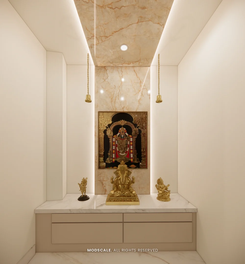 Pooja unit with backlit panel, idols and pendant lamps, Dhirendra’s villa interior in HSR Layout