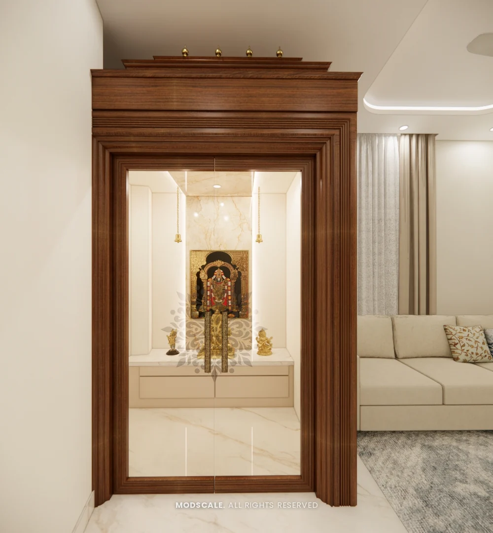 Pooja room entrance with traditional carved wooden door frame, Dhirendra’s villa interior in HSR Layout