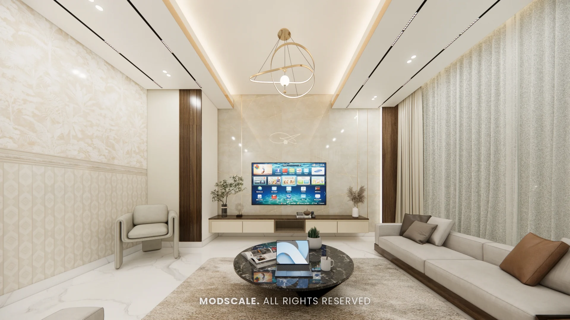 TV wall with floating console, ring pendant light and linear ceiling lights, Dhirendra’s villa interior in HSR Layout