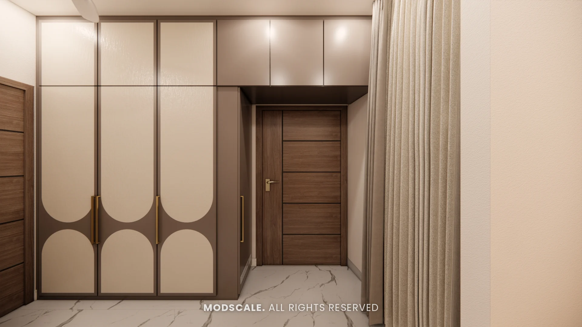 Wardrobe wall with arched shutter pattern around the dressing room door, Dhirendra’s villa interior in HSR Layout