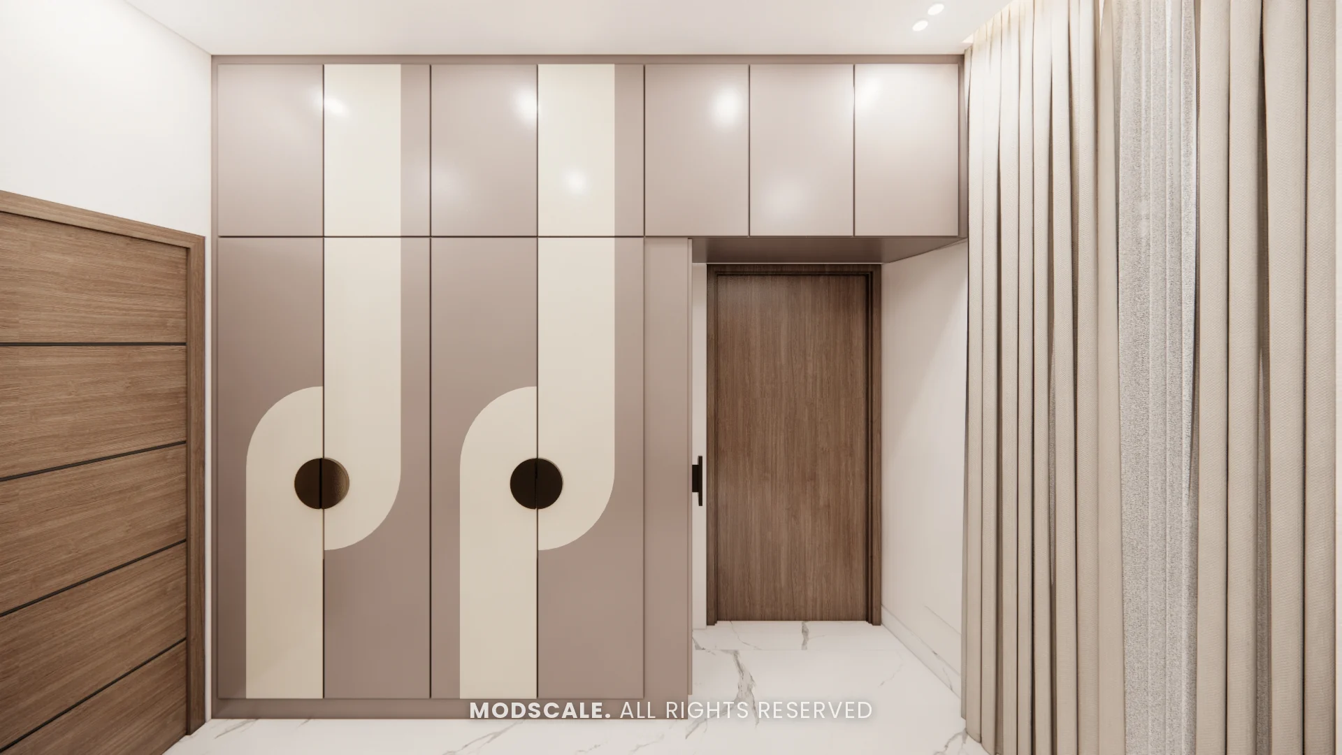 Walk-in wardrobe with curved two-tone shutter design, Dhirendra’s villa interior in HSR Layout