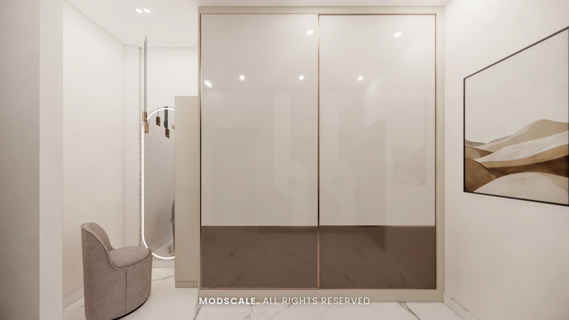 Sliding wardrobe with dresser seat in the walk-in dressing area, Dhirendra’s villa interior in HSR Layout