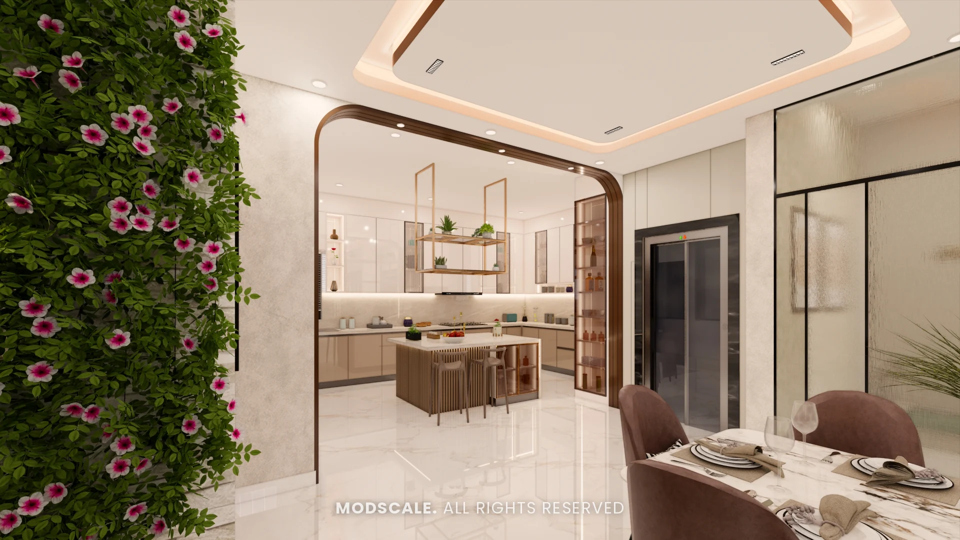 Dining area beside a vertical green wall with arched niche and crockery counter, Hussain and Saniya’s villa interior at Gokul Vatika
