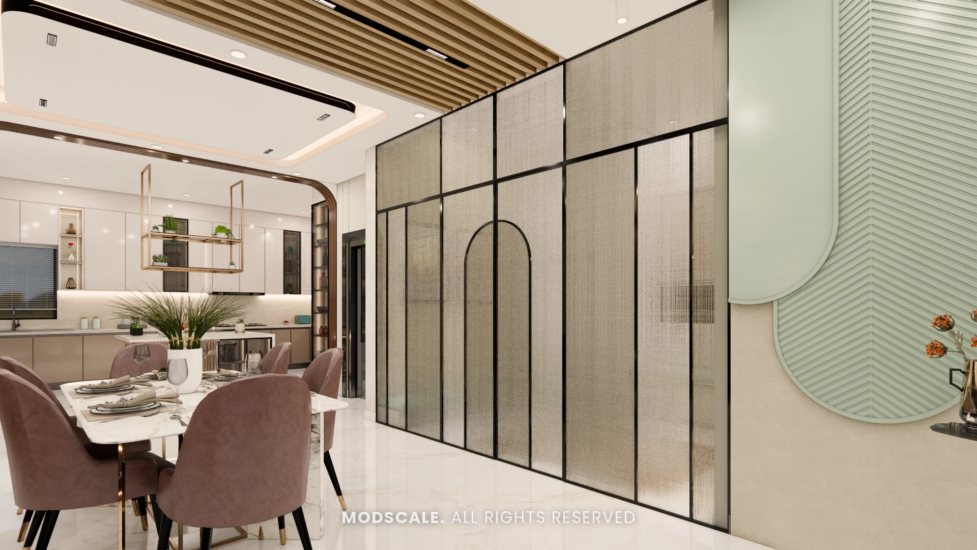 Dining table next to a black-framed glass partition and sage green arched wall panel, Hussain and Saniya’s villa interior at Gokul Vatika