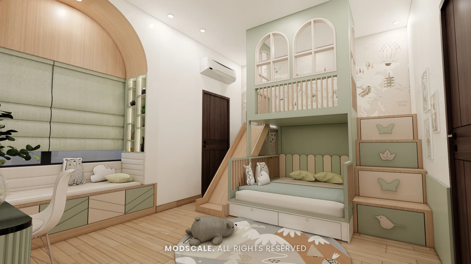 Kids bunk bed with staircase drawers and play slide, Hussain and Saniya’s villa interior at Gokul Vatika