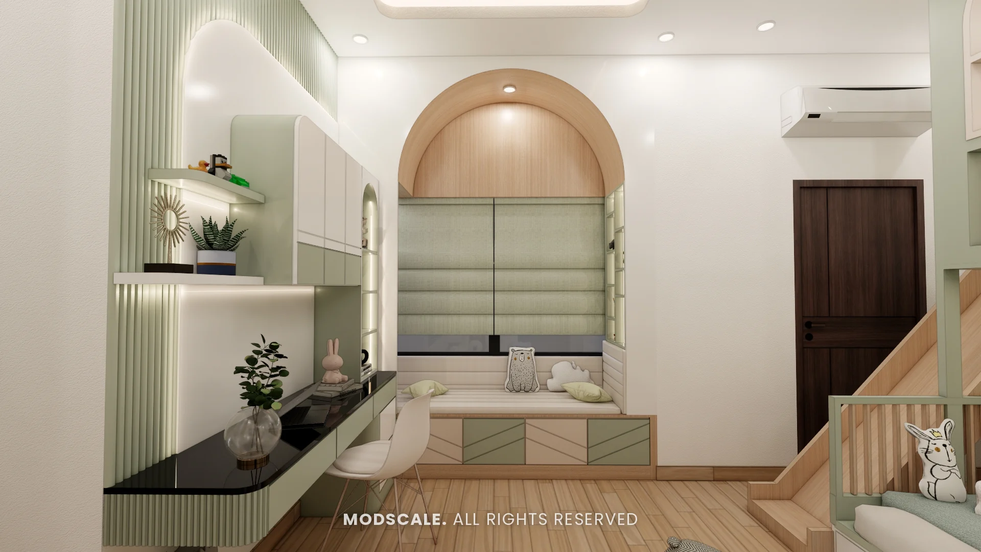 Kids study desk and arched window seat in green and oak, Hussain and Saniya’s villa interior at Gokul Vatika