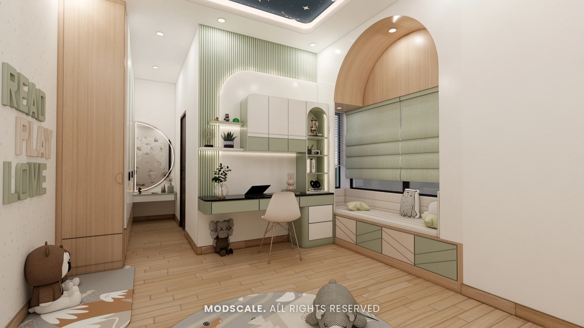 Kids bedroom with study wall, window seat and wardrobe, Hussain and Saniya’s villa interior at Gokul Vatika