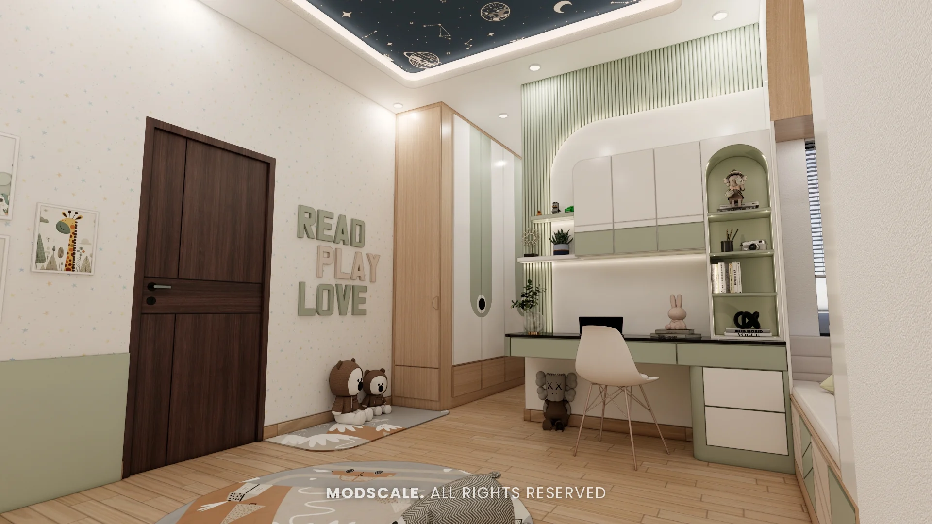 Kids bedroom study area and bunk bed with starry ceiling, Hussain and Saniya’s villa interior at Gokul Vatika
