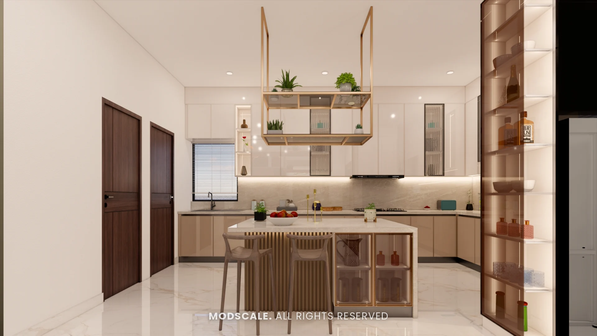 Modular kitchen with island, hanging plant shelf and off-white and tortilla cabinets, Hussain and Saniya’s villa interior at Gokul Vatika
