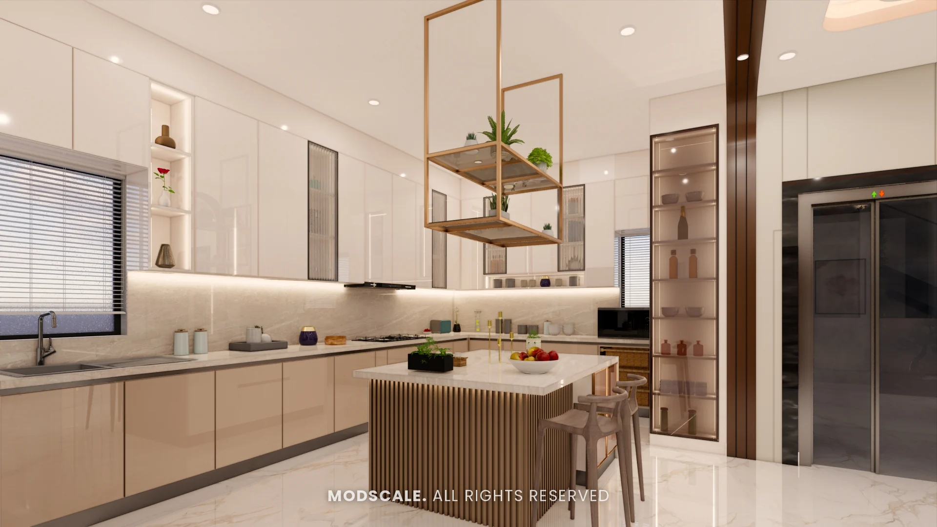Kitchen island with breakfast stools and built-in appliance wall, Hussain and Saniya’s villa interior at Gokul Vatika