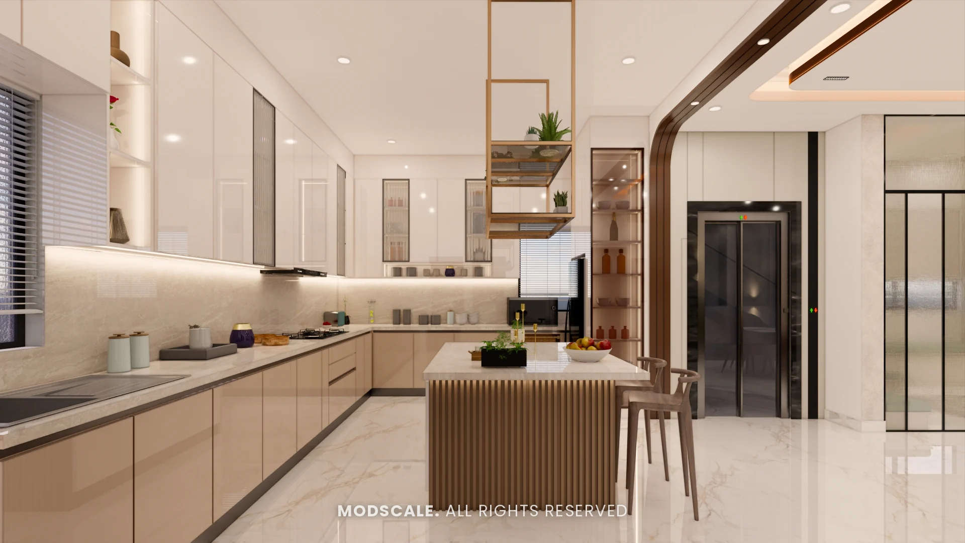 Wide view of the kitchen with central island and tall units, Hussain and Saniya’s villa interior at Gokul Vatika