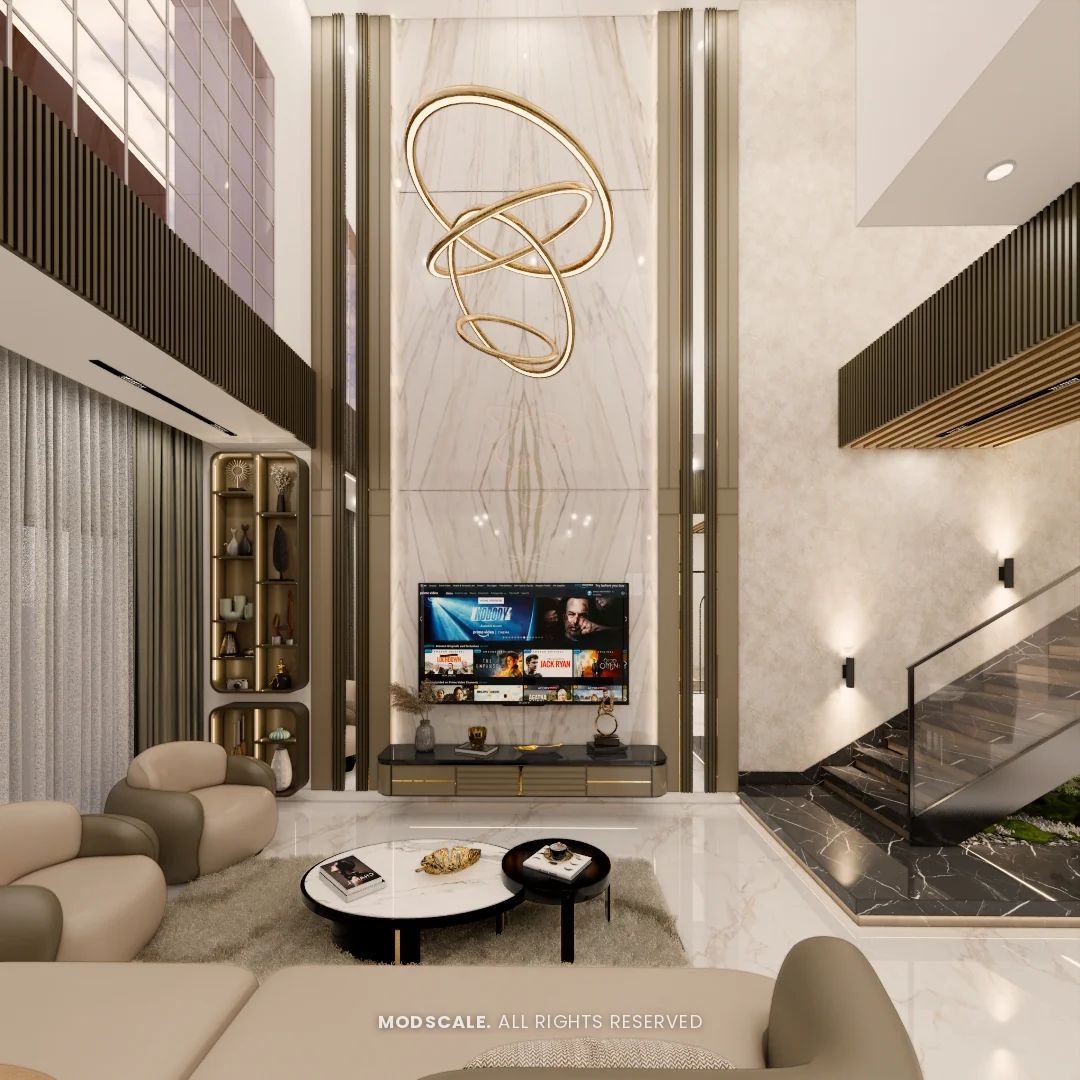 Living room TV unit under a double-height ceiling with ring chandelier, Hussain and Saniya’s villa interior at Gokul Vatika
