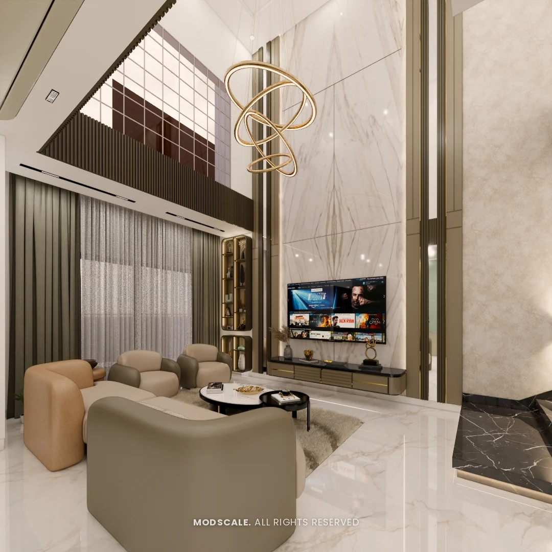 Living room seating facing the TV wall with full-height curtains, Hussain and Saniya’s villa interior at Gokul Vatika