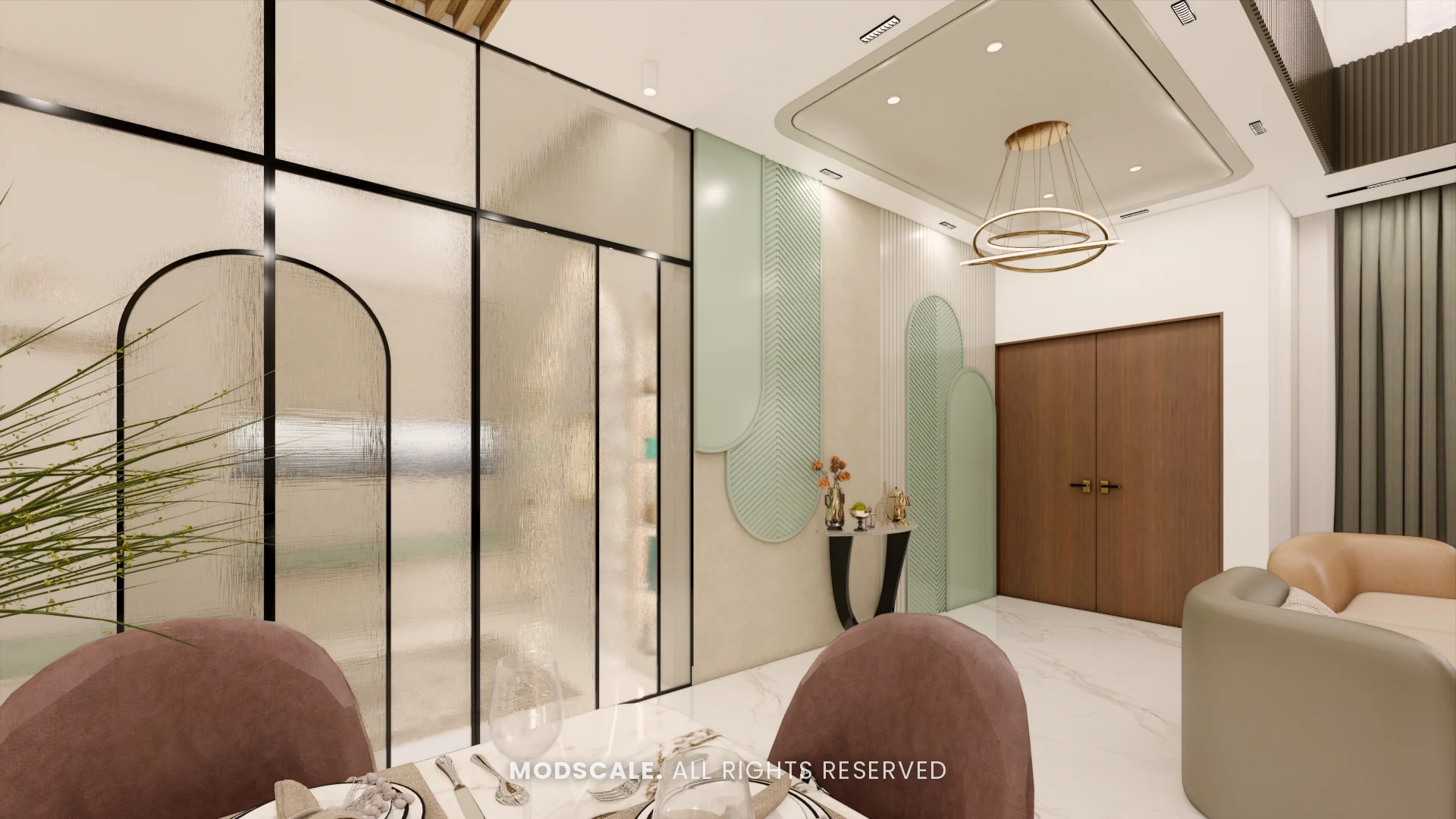 Living room towards the entrance with arched glass partition and sage green panel, Hussain and Saniya’s villa interior at Gokul Vatika