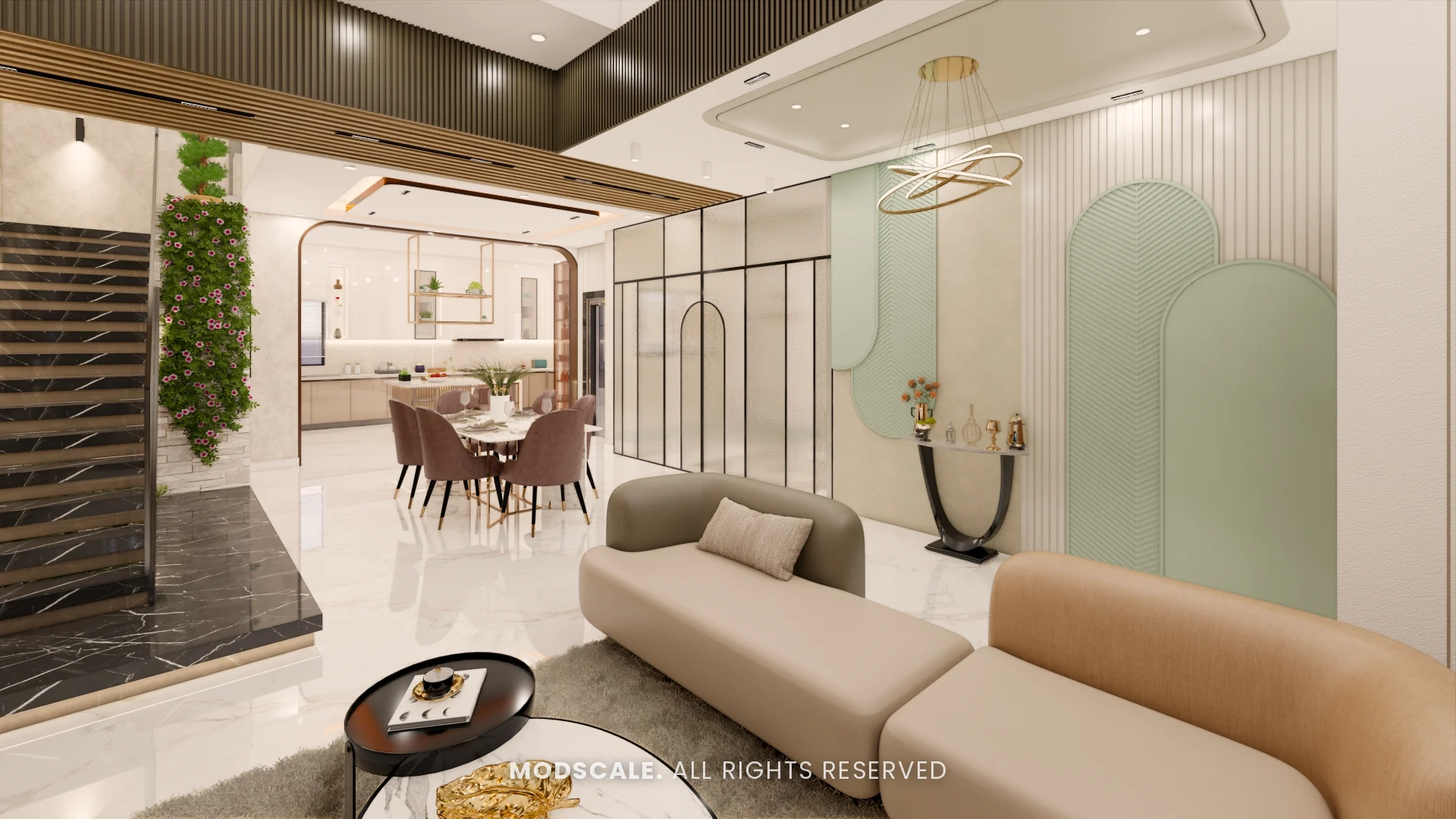 Open living and dining space with indoor courtyard planting, Hussain and Saniya’s villa interior at Gokul Vatika