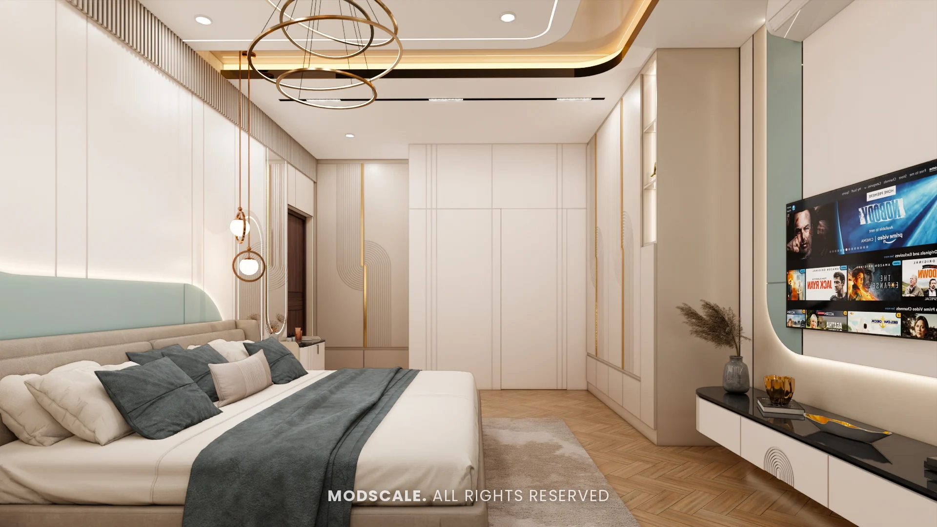 Master bedroom towards the TV wall with wooden flooring, Hussain and Saniya’s villa interior at Gokul Vatika