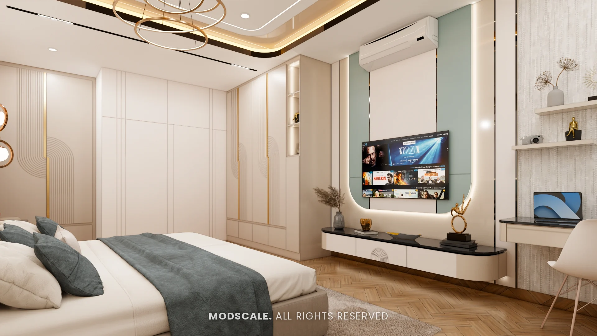 Master bedroom TV unit with curved panel, study desk and marine blue accents, Hussain and Saniya’s villa interior at Gokul Vatika