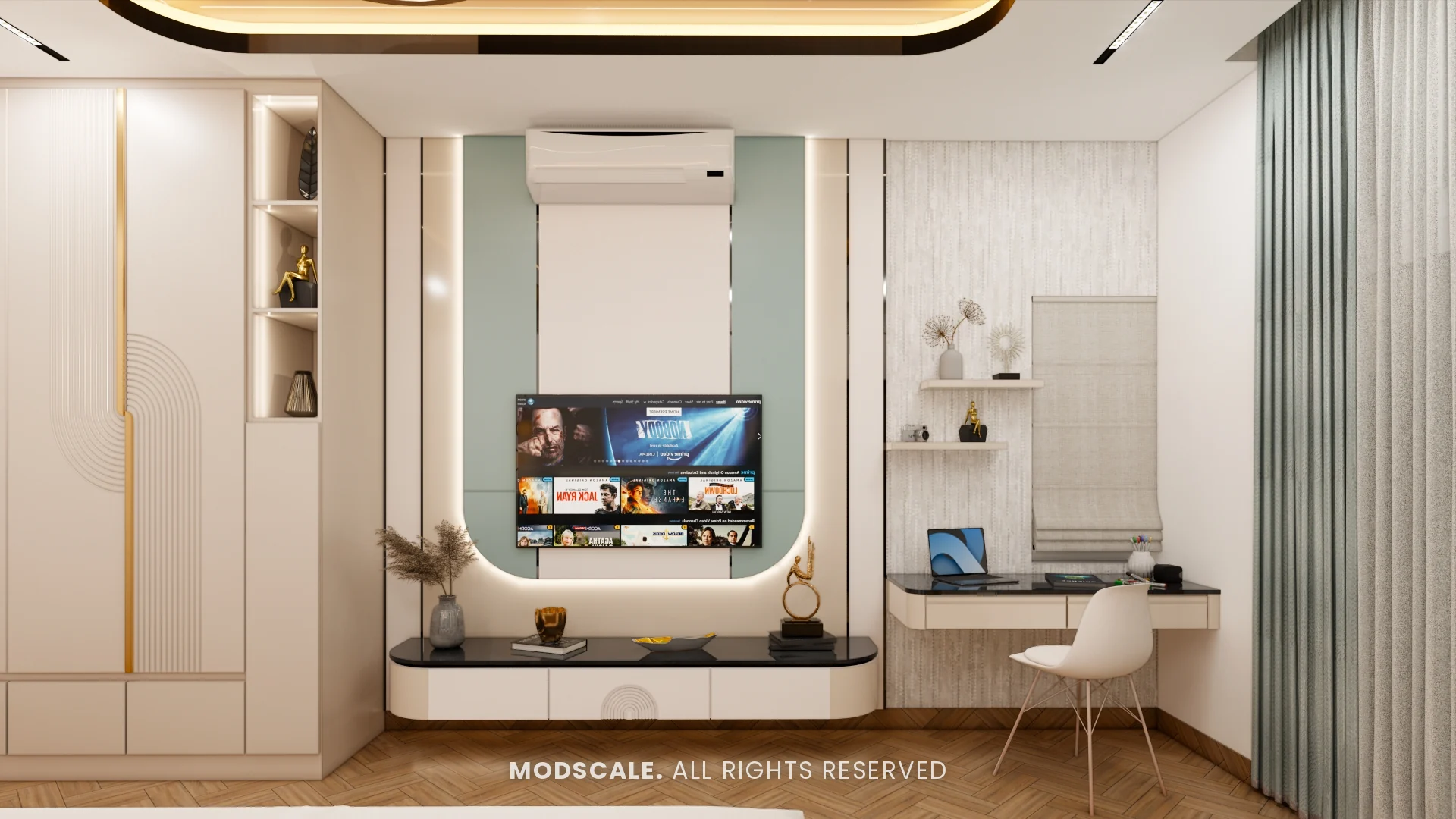 Master bedroom TV and study wall with arched display niche, Hussain and Saniya’s villa interior at Gokul Vatika