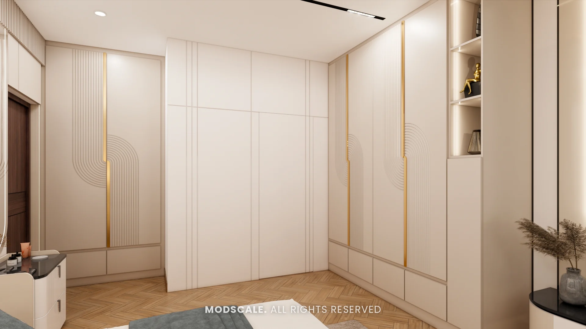 Master bedroom full-height wardrobe in white with gold inlay lines, Hussain and Saniya’s villa interior at Gokul Vatika