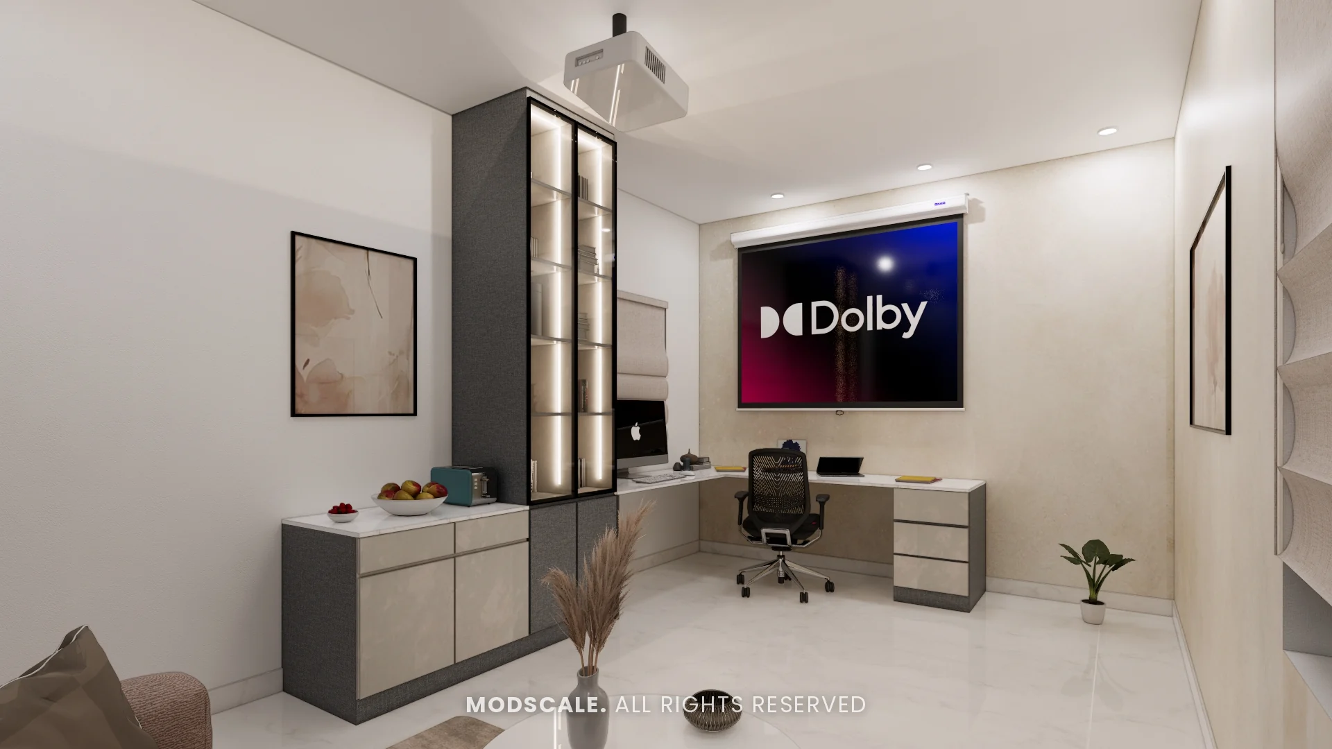 Home office with long work desk, storage and projector screen, Hussain and Saniya’s villa interior at Gokul Vatika