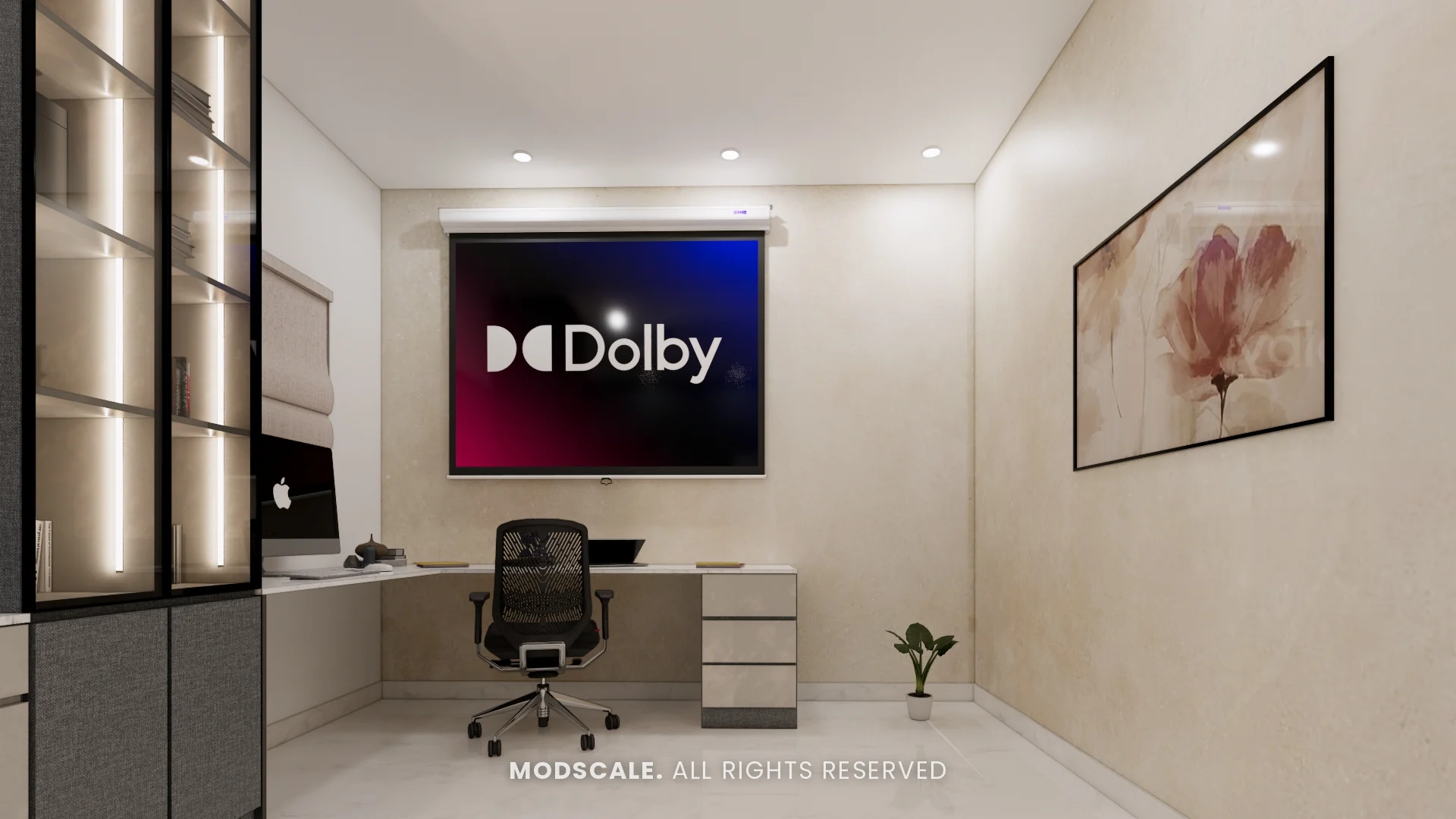 Home office desk with glass display shelves and framed wall art, Hussain and Saniya’s villa interior at Gokul Vatika