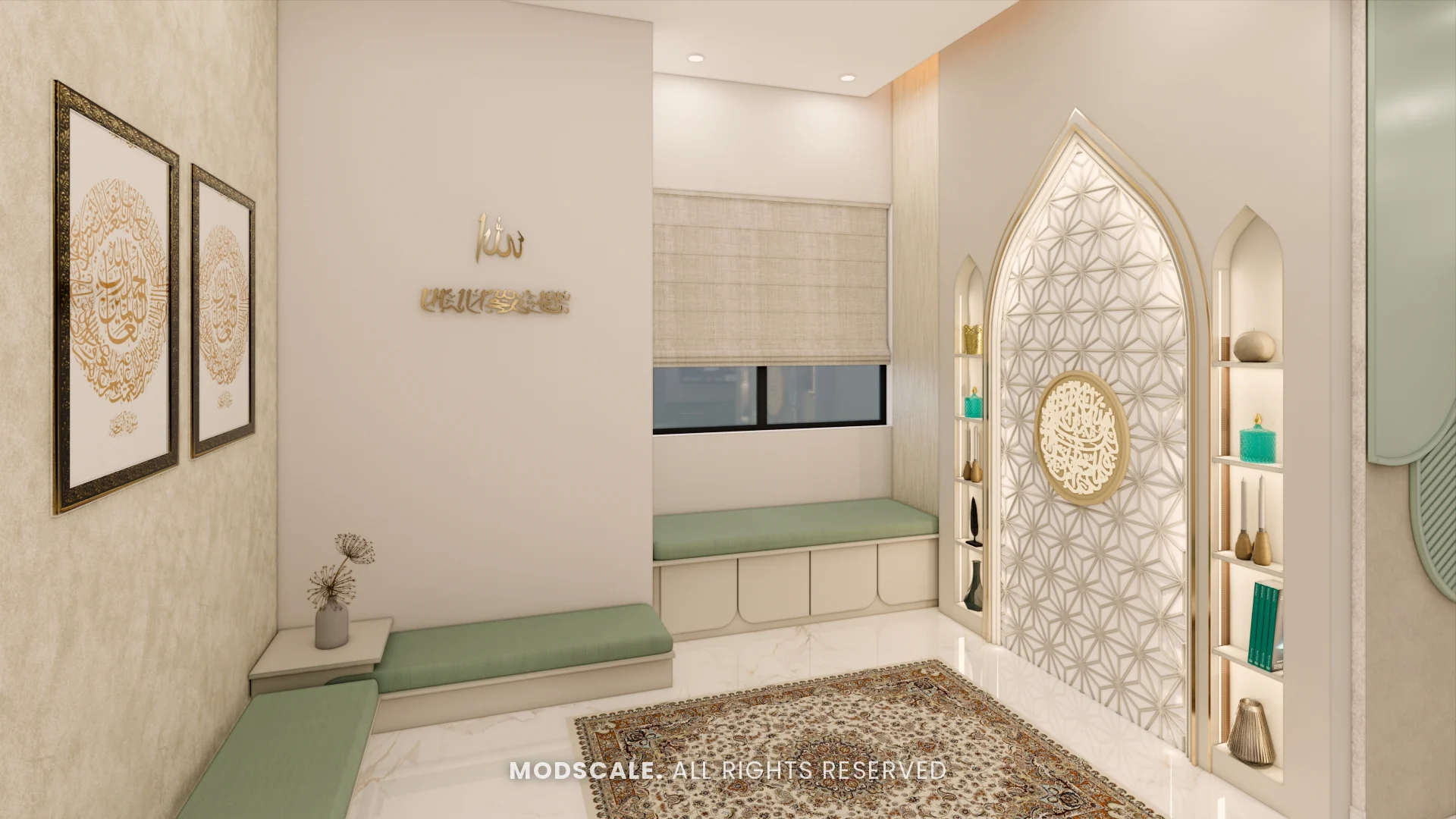 Prayer room with carved arched jali panel, low seating and patterned rug