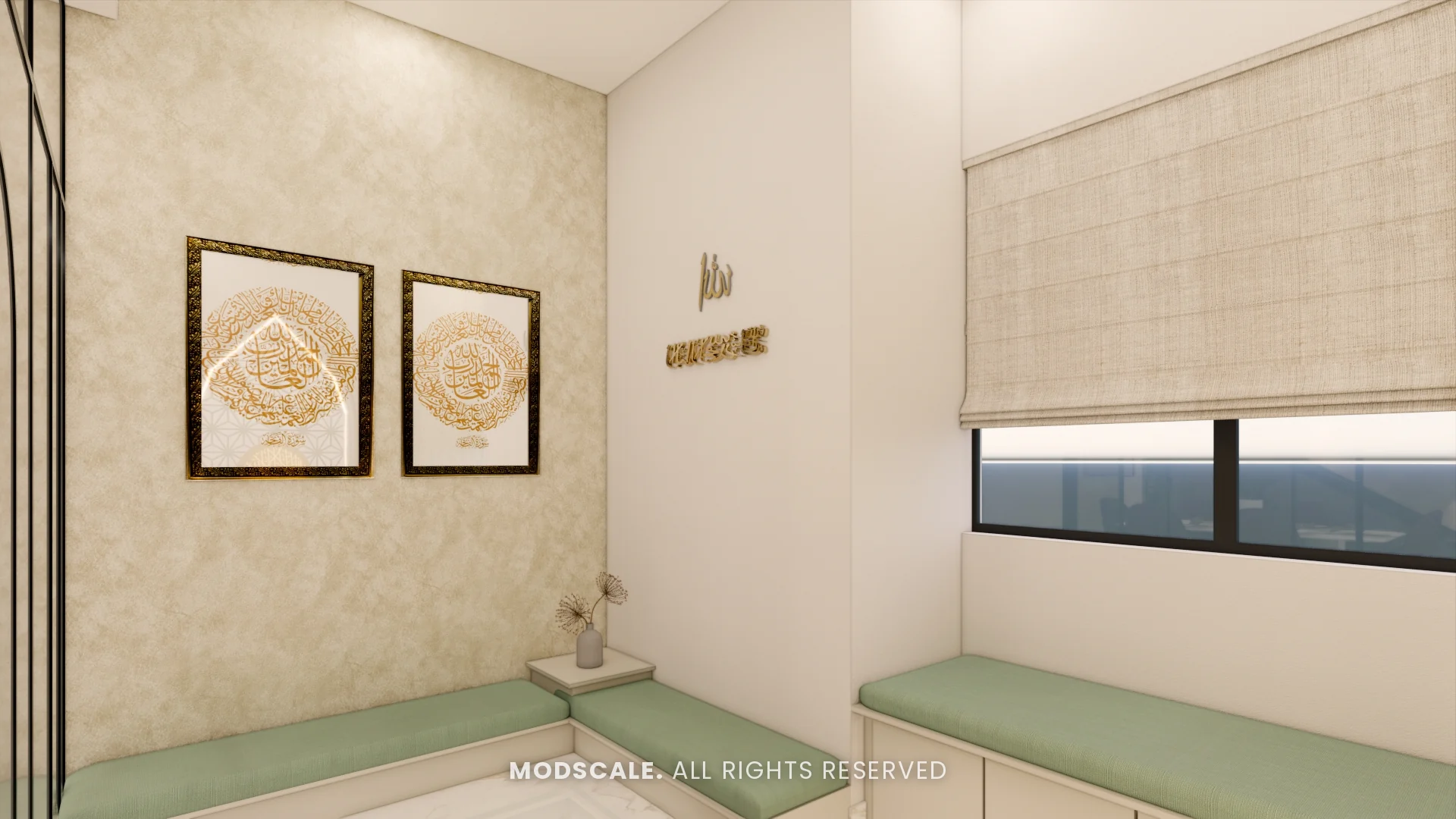 Prayer room window seat with sage green cushions and framed calligraphy, Hussain and Saniya’s villa interior at Gokul Vatika