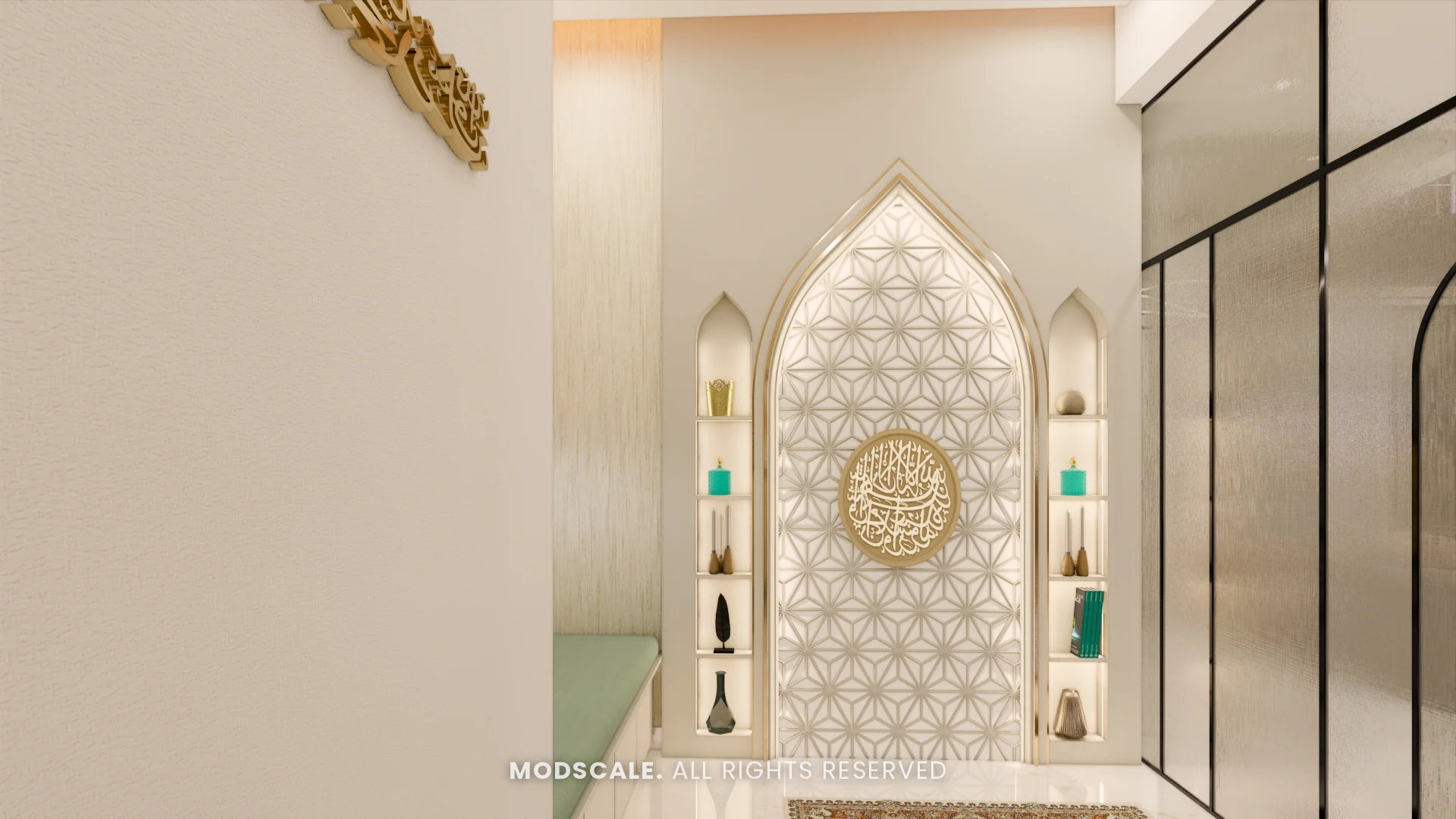 Arched jali feature wall with backlit side shelves in the prayer room, Hussain and Saniya’s villa interior at Gokul Vatika