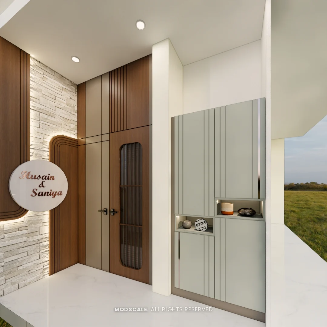 Entrance shoe rack with fluted glass shutters beside the main door, Hussain and Saniya’s villa interior at Gokul Vatika