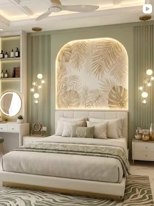 ModScale Instagram reel: A bedroom with a backlit leaf panel