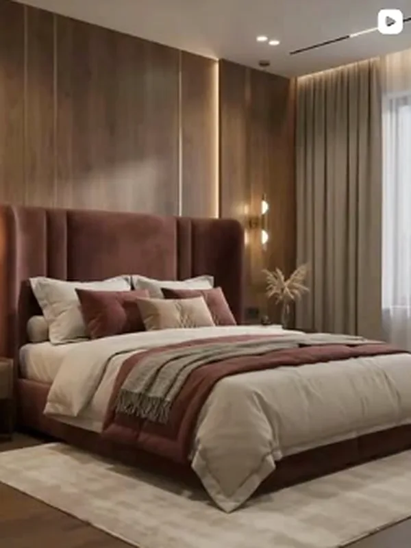 ModScale Instagram reel: A bedroom in warm wood and plum