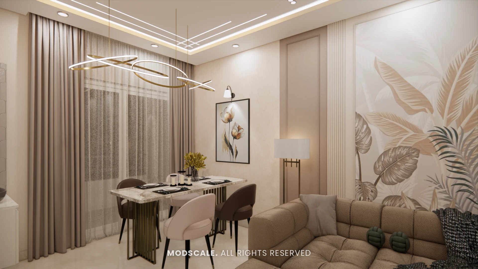 Dining area with round table, linear pendant light and framed wall art, Komal’s home interior at Sobha Dream Acres, Varthur