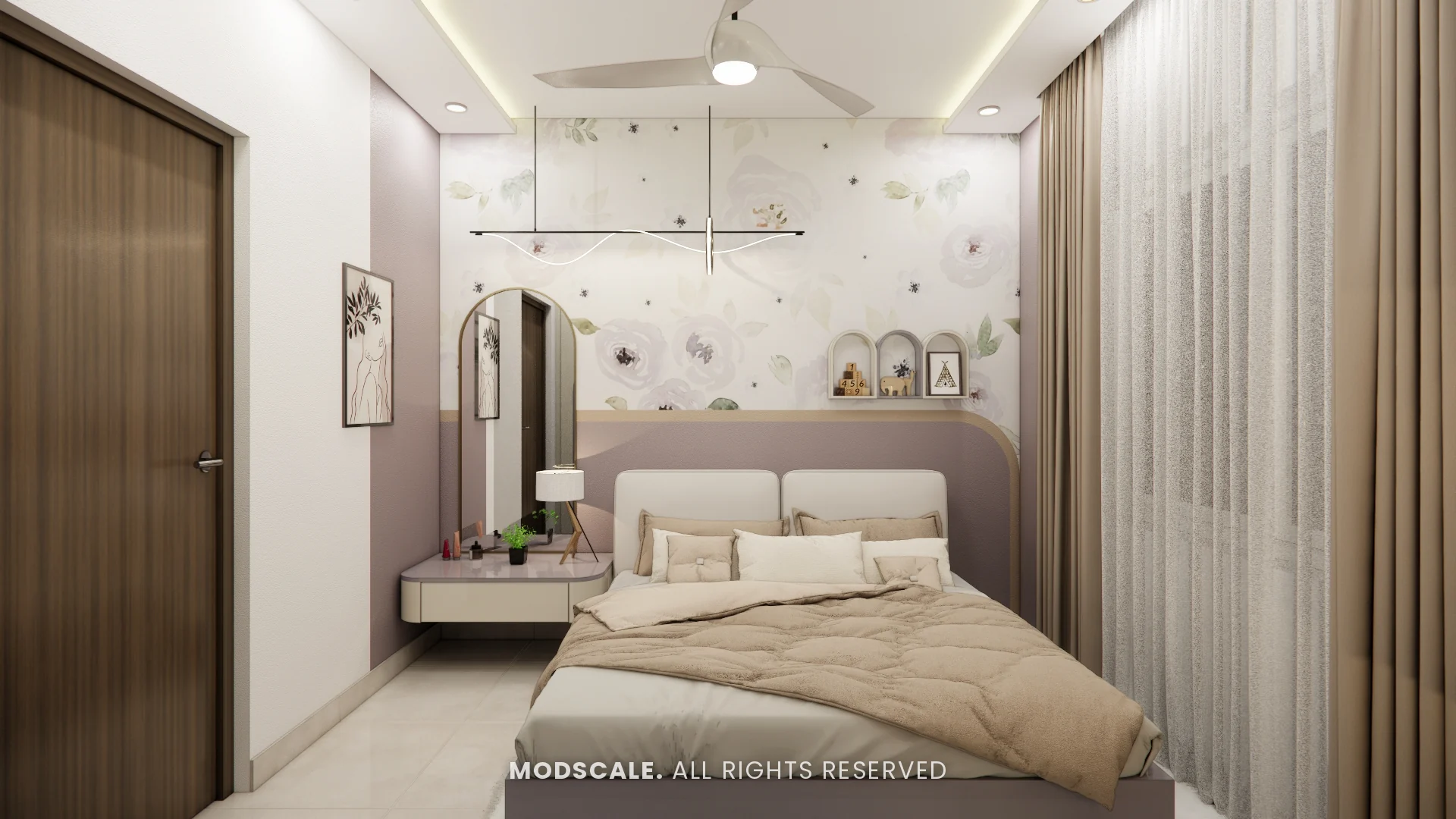 Kids bedroom with lavender headboard, floral wallpaper and pendant lights, Komal’s home interior at Sobha Dream Acres, Varthur