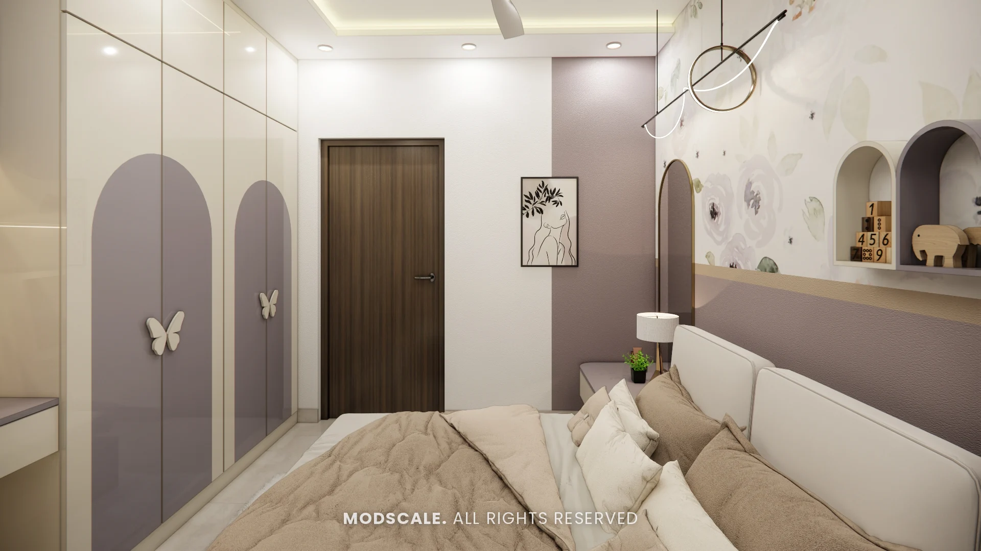 Kids bedroom with lavender arched wardrobes and dresser niche, Komal’s home interior at Sobha Dream Acres, Varthur