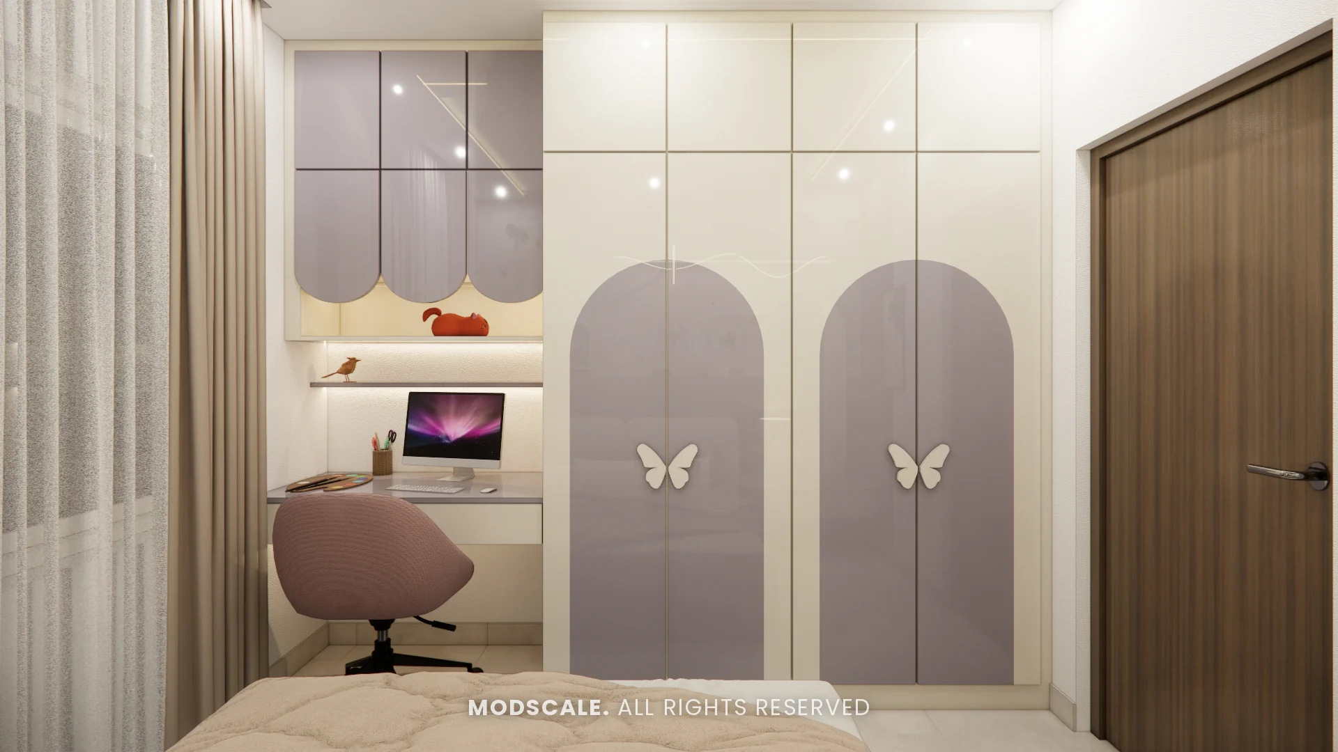 Kids wardrobe and study unit with arched shutters and butterfly handles, Komal’s home interior at Sobha Dream Acres, Varthur