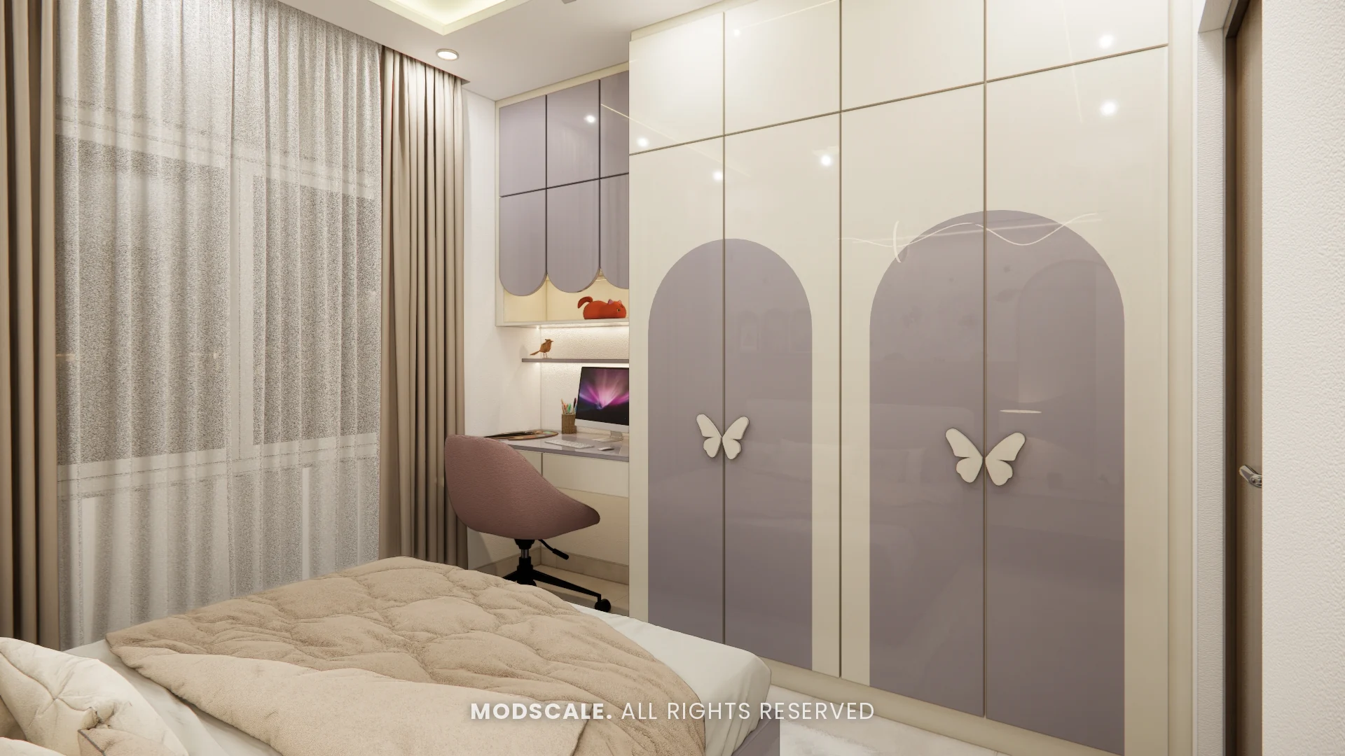 Kids bedroom wardrobe wall in lavender and ivory beside the bed, Komal’s home interior at Sobha Dream Acres, Varthur