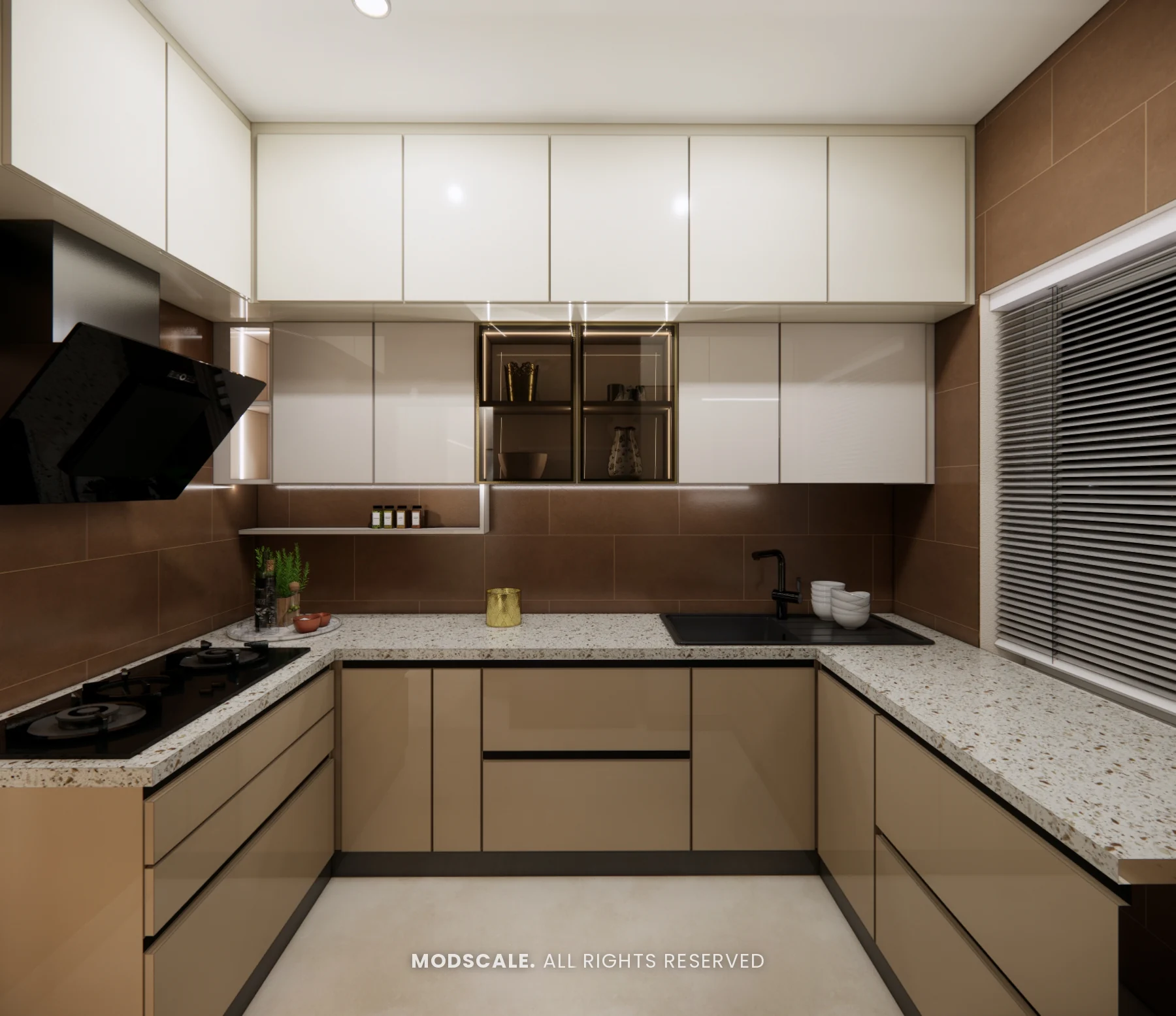 U-shaped modular kitchen with beige base units, white wall units and brown backsplash, Komal’s home interior at Sobha Dream Acres, Varthur