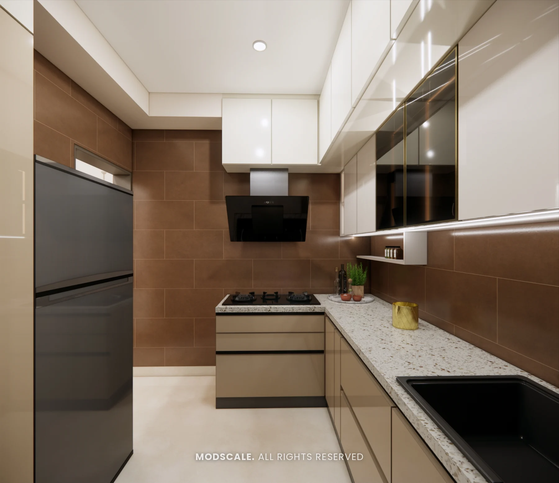 Modular kitchen with chimney, tall unit and loft storage, Komal’s home interior at Sobha Dream Acres, Varthur