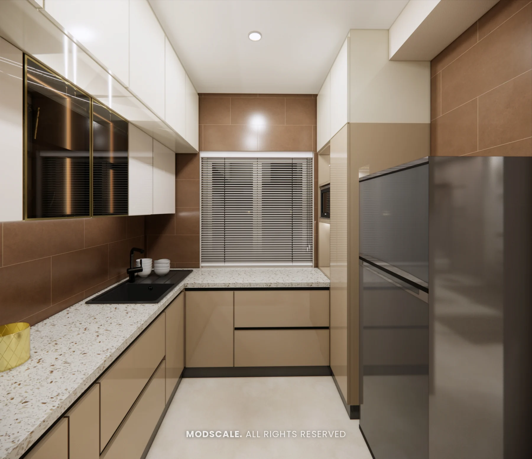 Kitchen with refrigerator bay and overhead loft units, Komal’s home interior at Sobha Dream Acres, Varthur