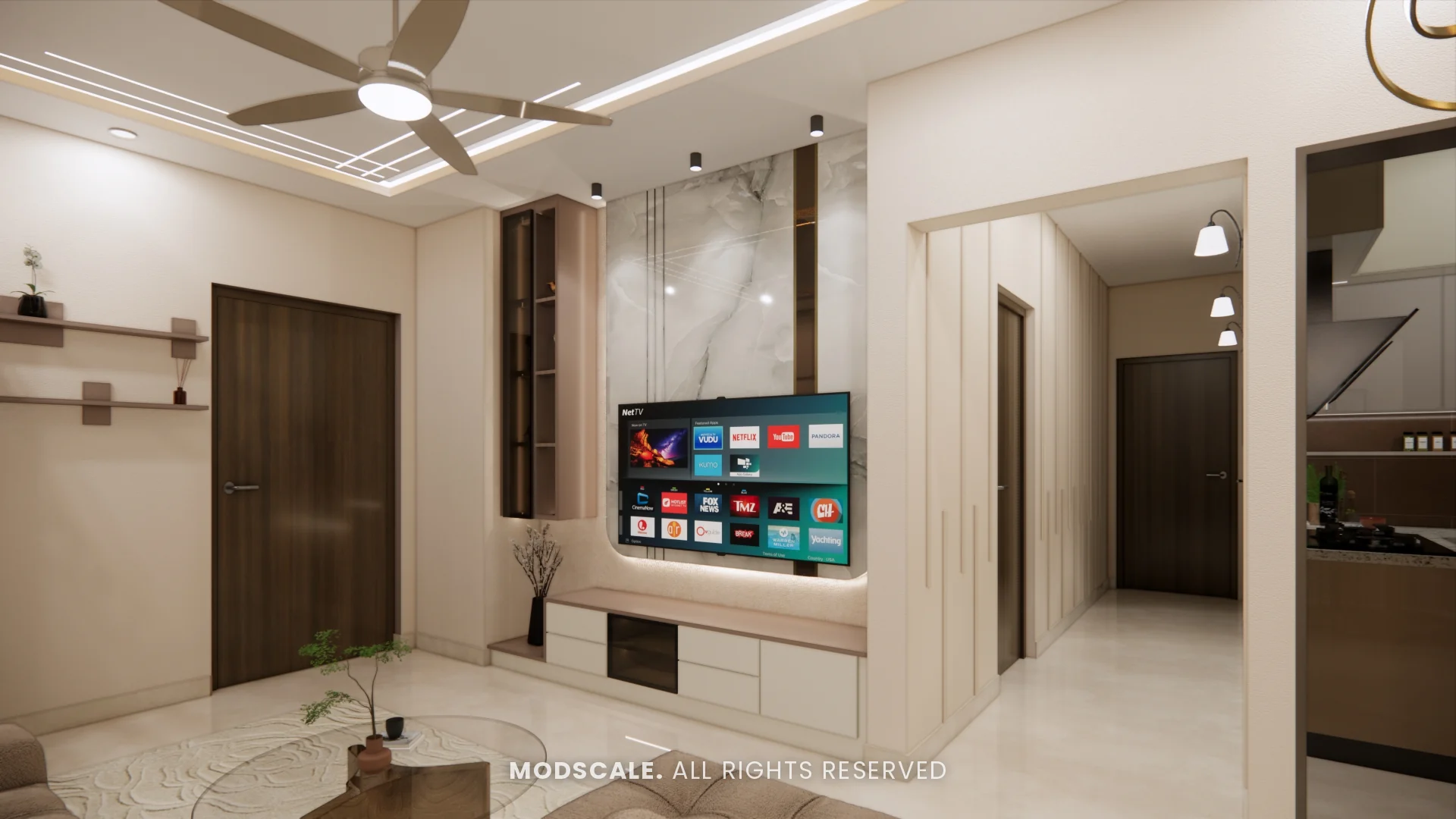 Living room TV wall in marble finish with floating console and display unit, Komal’s home interior at Sobha Dream Acres, Varthur
