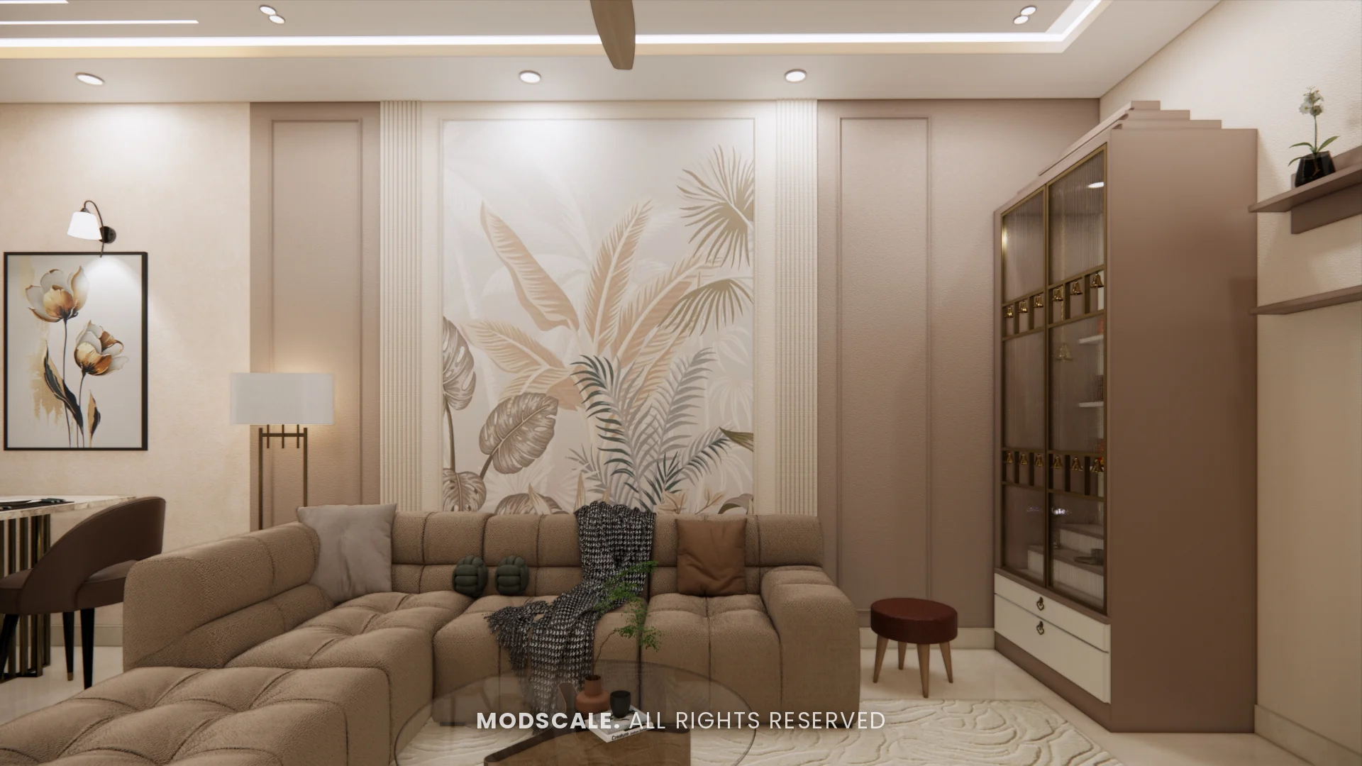 Living room sofa wall with botanical mural and wall art, Komal’s home interior at Sobha Dream Acres, Varthur