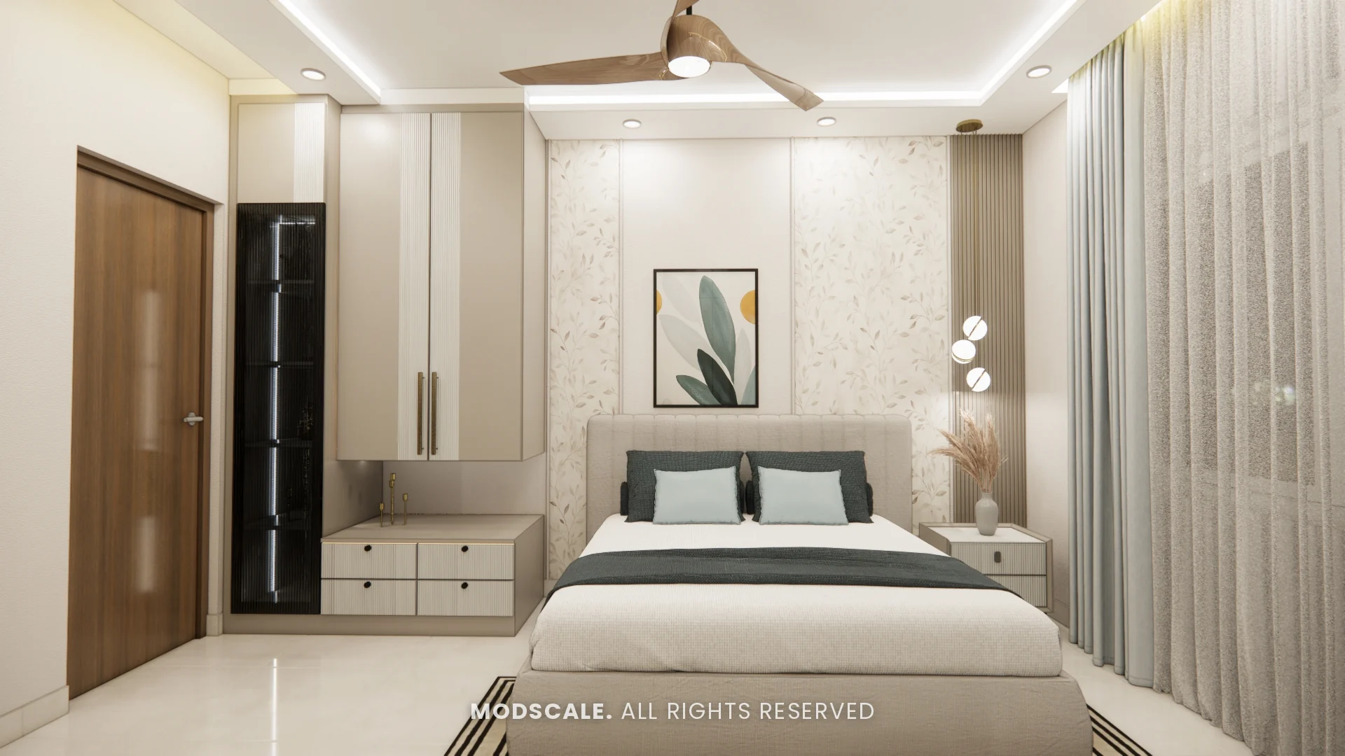 Master bedroom with upholstered bed, leaf wallpaper panel and fluted glass tall unit, Komal’s home interior at Sobha Dream Acres, Varthur