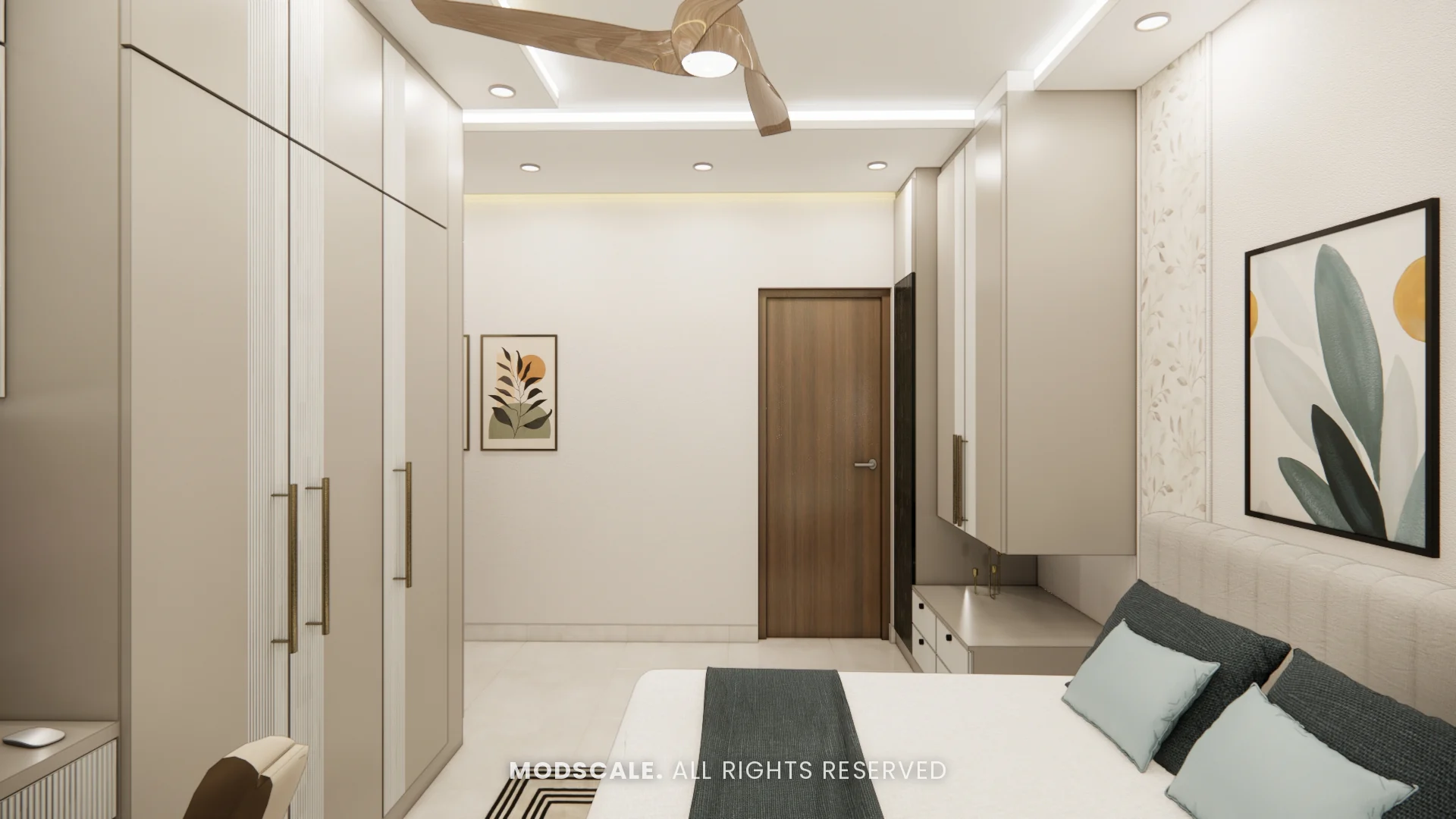 Master bedroom wardrobe in frosty white with side unit, Komal’s home interior at Sobha Dream Acres, Varthur