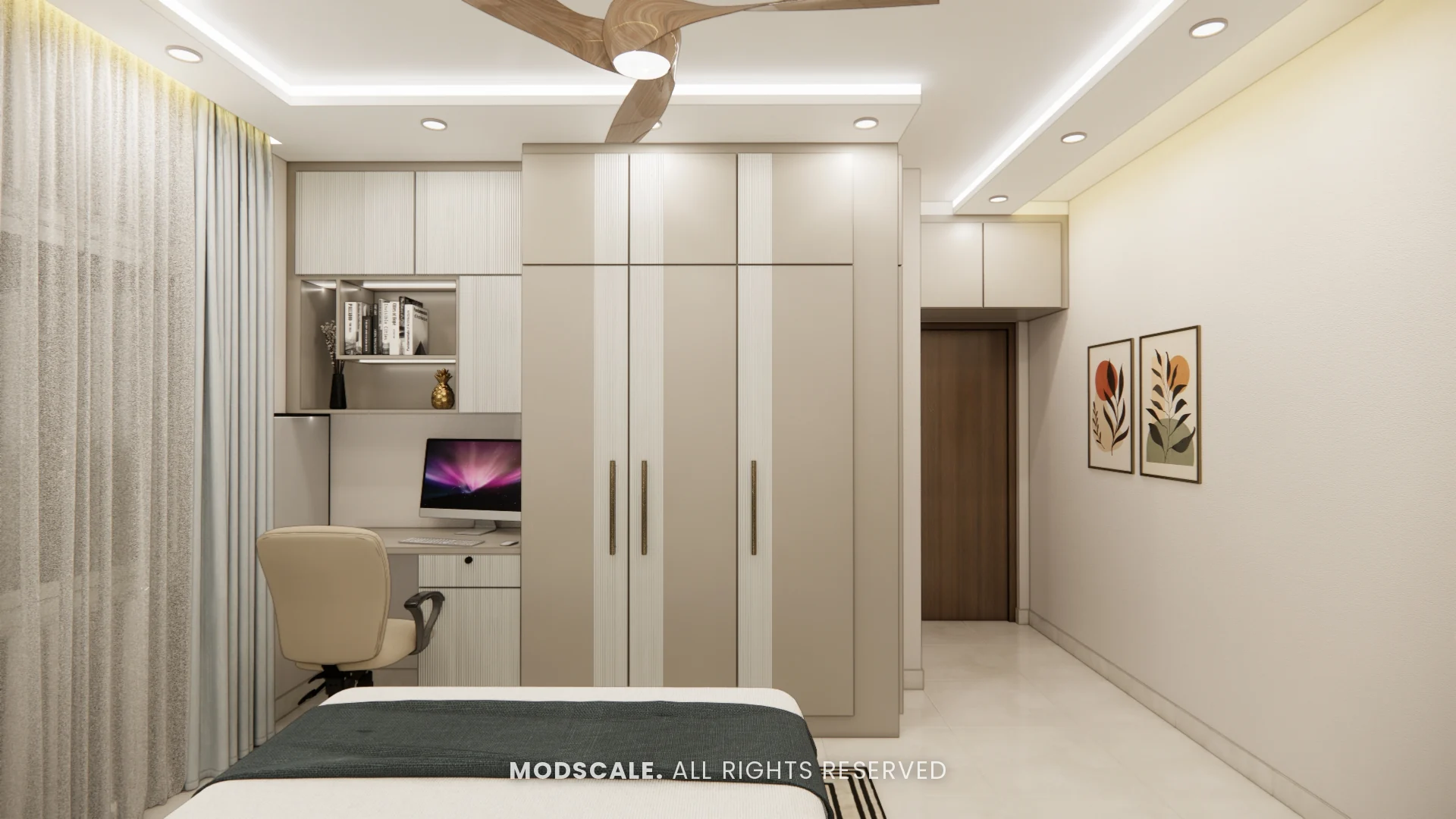 Master bedroom study desk built between full-height wardrobes, Komal’s home interior at Sobha Dream Acres, Varthur