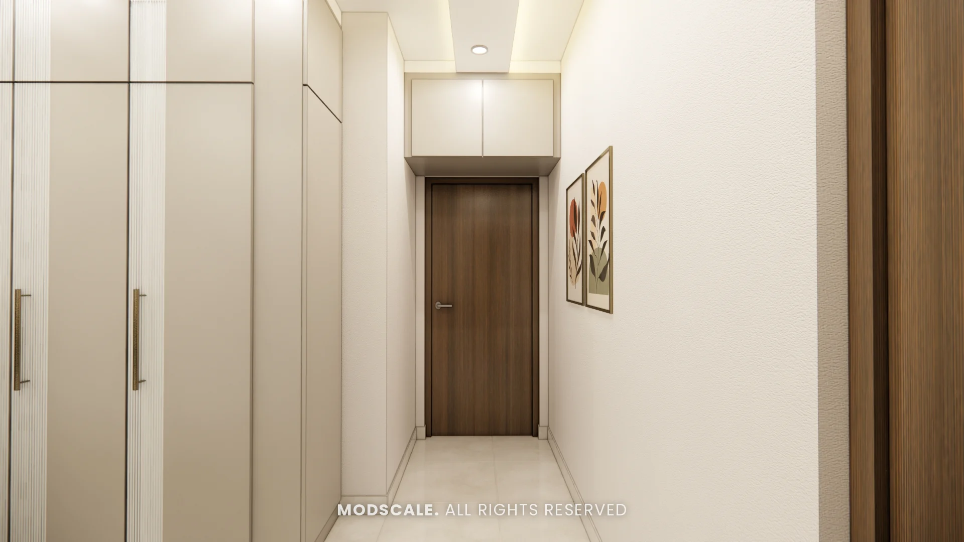 Master bedroom entrance with loft storage and wardrobes, Komal’s home interior at Sobha Dream Acres, Varthur
