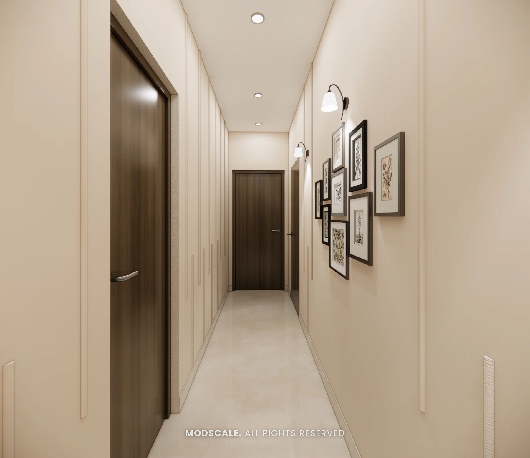 Passage with framed gallery wall and wall sconces, Komal’s home interior at Sobha Dream Acres, Varthur